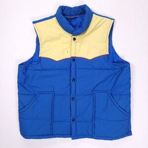 Swingster Vintage 80s Puffer Vest Blue‎ Yellow Western Yoke XL Mens Retro Puffy